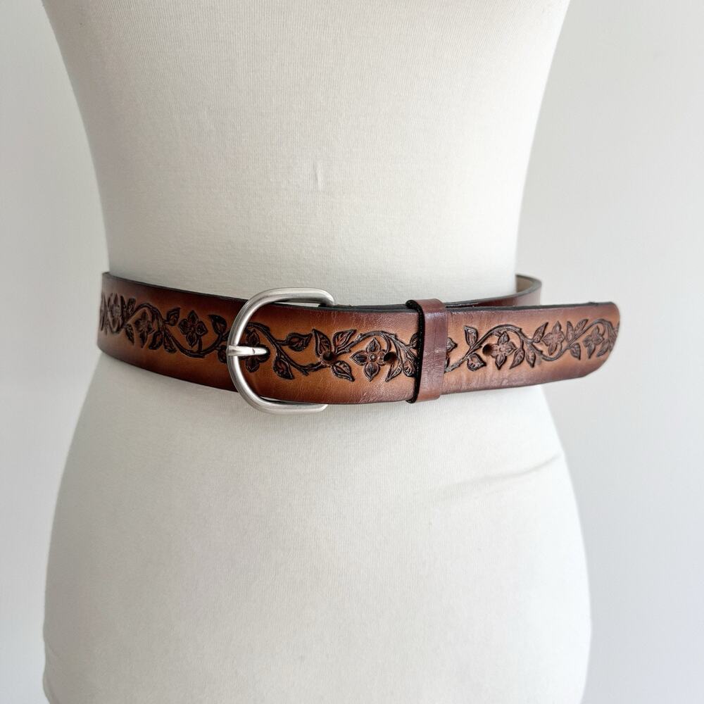 Genuine Leather Tooled Floral Brown “Delilah” Boho Western Belt 32